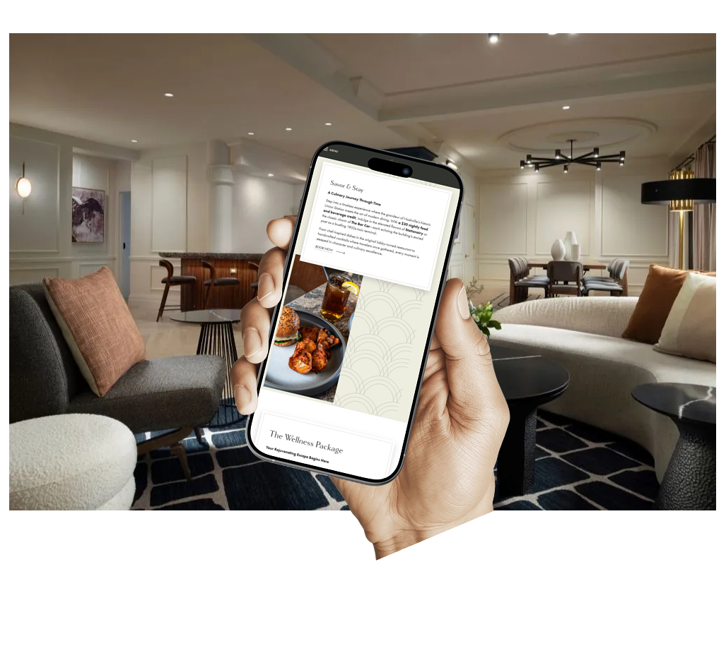 A hand holds a smartphone displaying a food menu, with a modern, luxurious living room in the background.