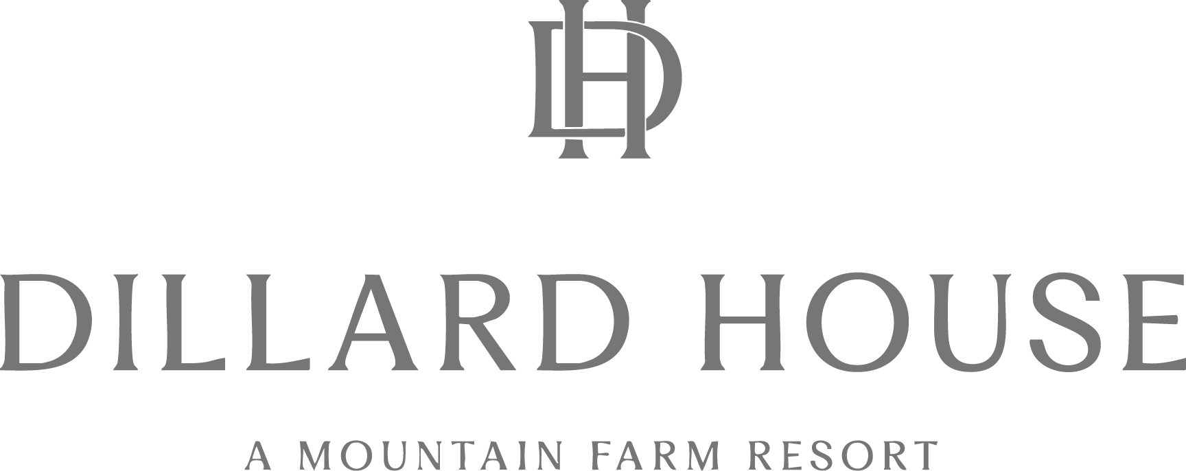 Dillard House logo with initials DH above the text Dillard House: A Mountain Farm Resort in gray on a white background.