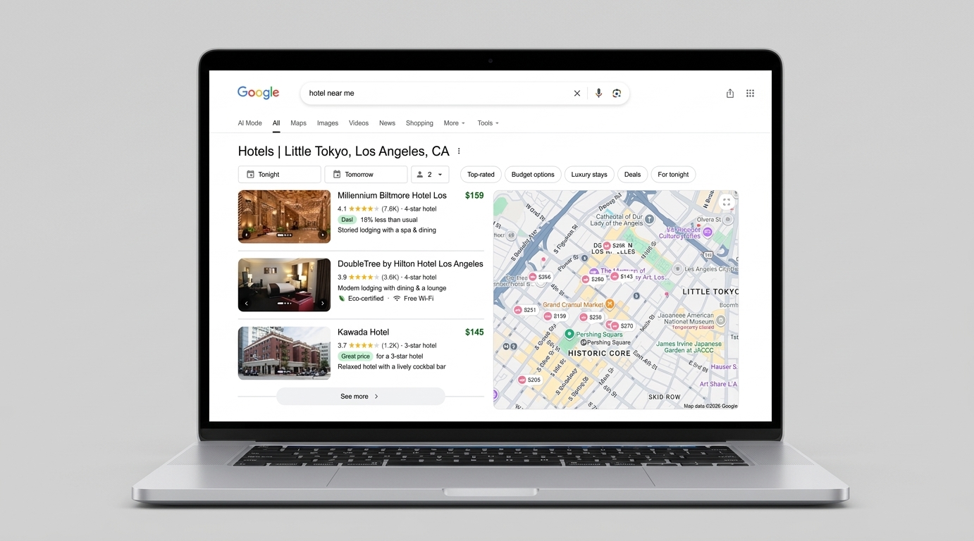 A laptop showing a screenshot of a Google hotel search.