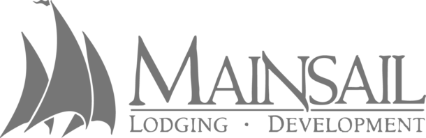 Logo with three stylized sailboats next to the text MAINSail Lodging · Development in uppercase letters, all in grayscale.