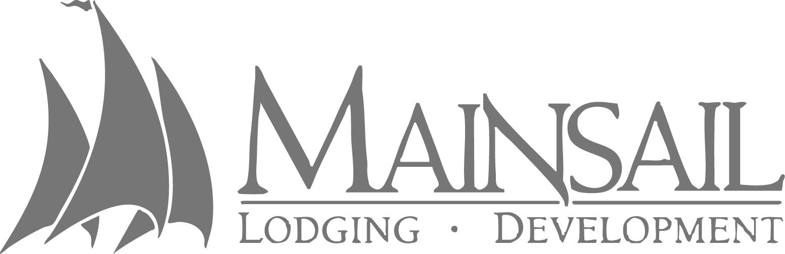 Logo with three stylized sailboats next to the text MAINSail Lodging · Development in uppercase letters, all in grayscale.