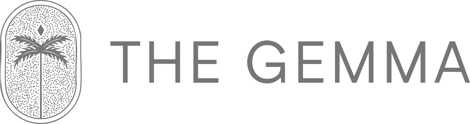 Gray logo with a palm tree inside an oval on the left and the words THE GEMMA in bold, uppercase letters to the right.