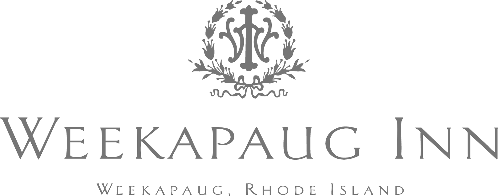 Logo for Weekapaug Inn, featuring a decorative emblem above the text Weekapaug Inn, Weekapaug, Rhode Island in elegant, serif font.