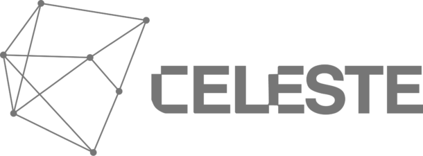Gray geometric wireframe shape next to the word CELESTE in bold, stylized uppercase letters on a white background.