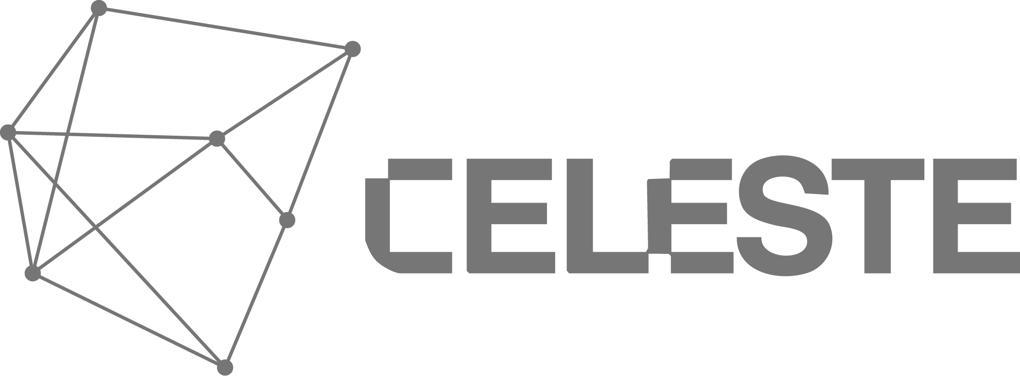 Gray geometric wireframe shape next to the word CELESTE in bold, stylized uppercase letters on a white background.