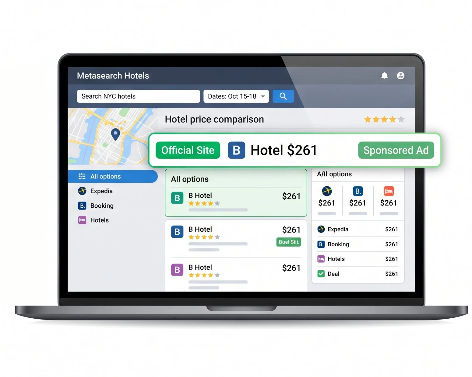 Laptop showing a hotel metasearch price comparison with the official site listed first