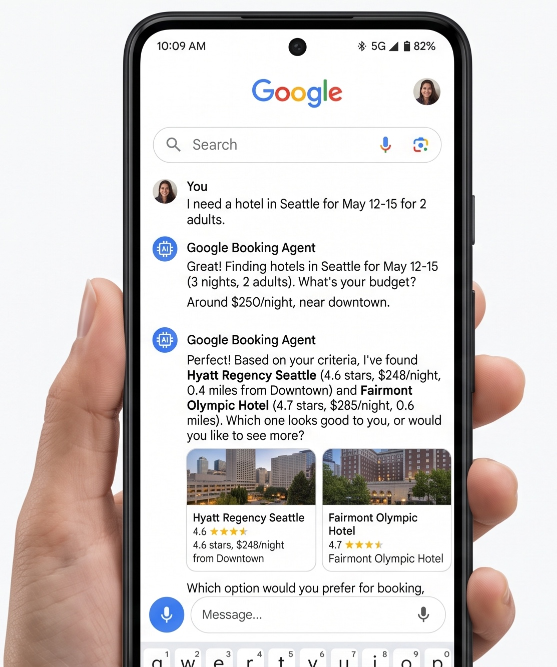 A concept image showing a smartphone in a user’s hand with the screen showing how Google’s AI booking agents could help the user make a hotel reservation.