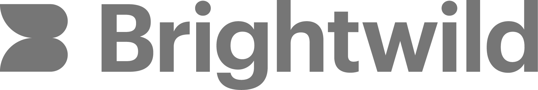 Gray Brightwild text logo with a bold, abstract leaf-like icon to the left on a light background.