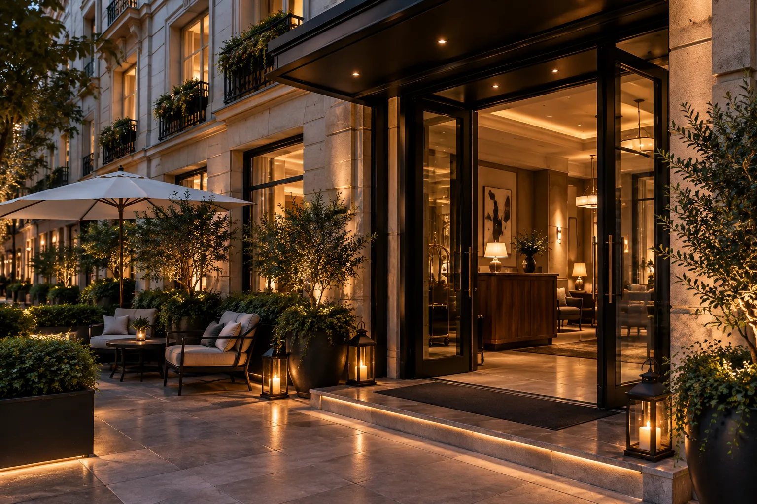 A luxury boutique hotel, often managed by the best booking engines for small hotel groups, with a warmly lit entrance and outdoor terrace in the evening.