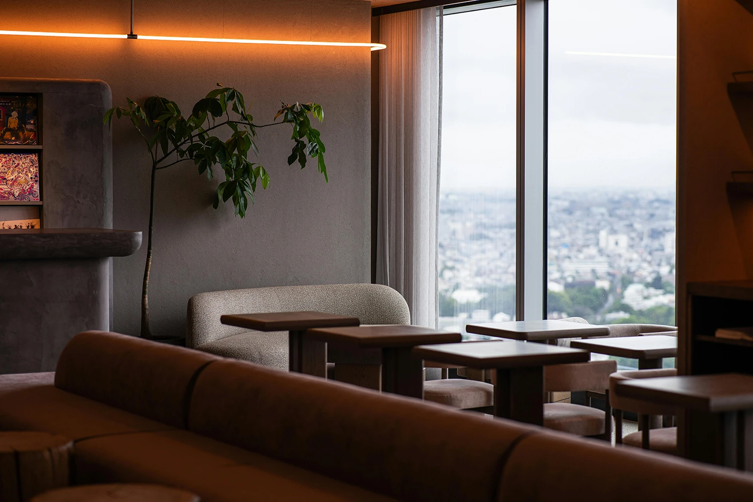 Modern lounge with minimalist furniture, a potted plant, and large windows offering a cityscape view under cloudy skies.