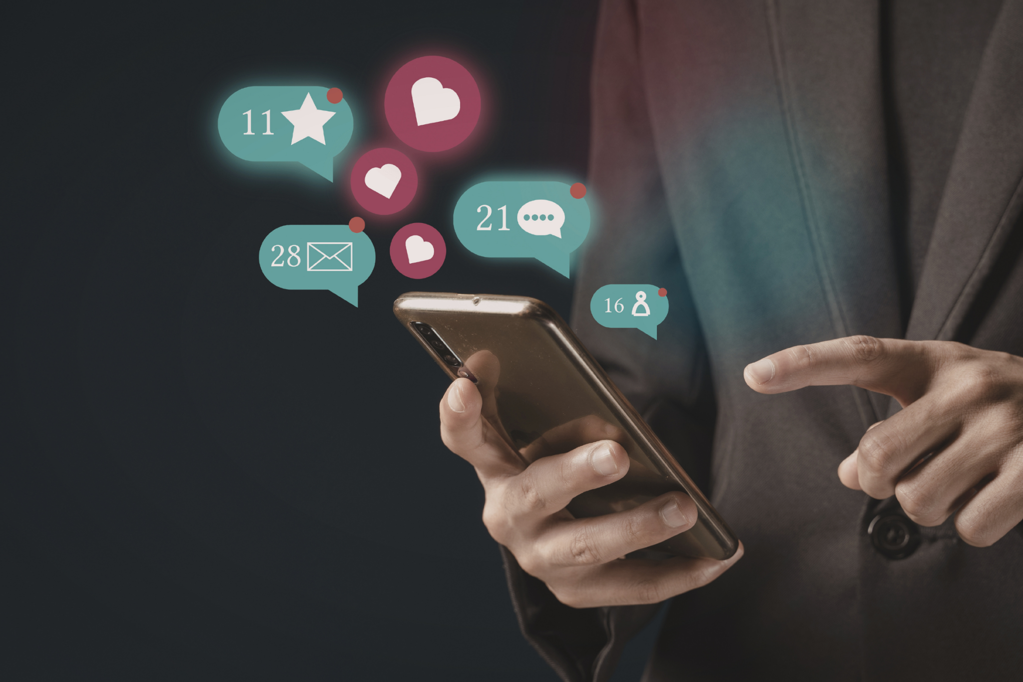 A person in a suit uses a smartphone, with social media notification icons for likes, messages, and followers floating above the screen.