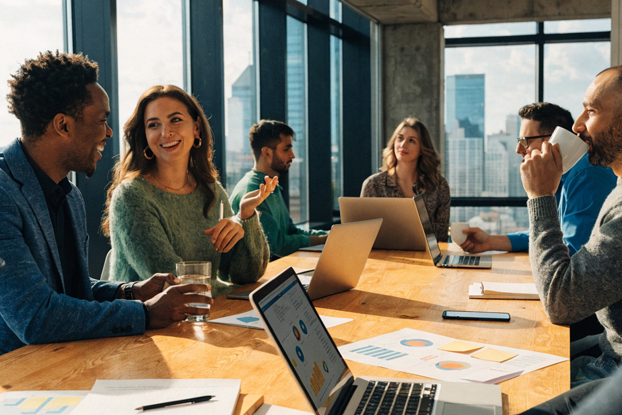 Six people sit around a conference table with laptops and papers, having a lively discussion in a bright office with large windows and city views.